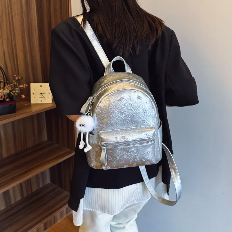 Single Warehouse PU Backpack Women's White/Silver/Black-9