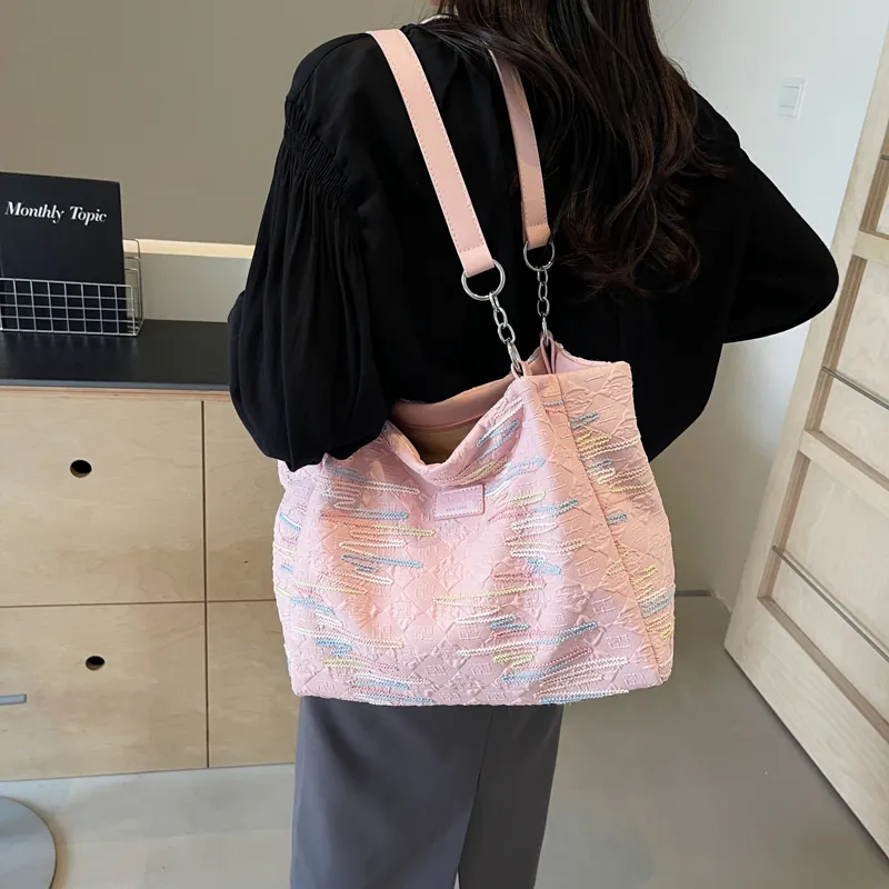 Single Warehouse Fabric Shoulder Bag Tote Women's Ecru/Pink/Black-7