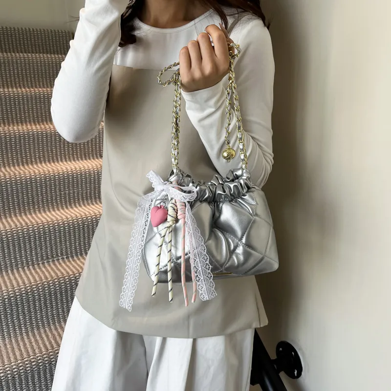 Single Warehouse PU Shoulder Bag Regular Women's White/Silver/Pink/Black-9