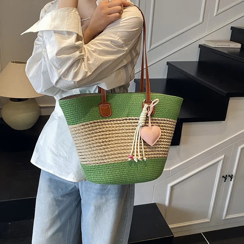 Single Warehouse Woven Tote Handbag, Shoulder Bag Regular Women's Khaki/Ecru/Pink/Green-22