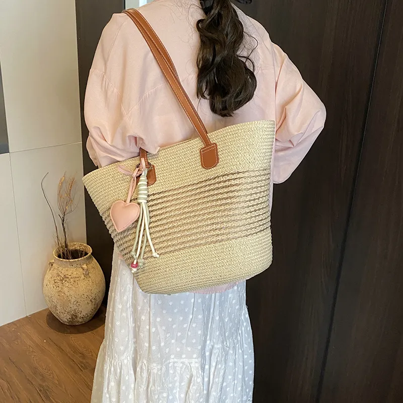 Single Warehouse Woven Tote Handbag, Shoulder Bag Regular Women's Khaki/Ecru/Pink/Green-2