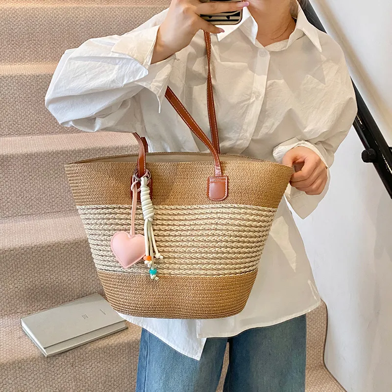Single Warehouse Woven Tote Handbag, Shoulder Bag Regular Women's Khaki/Ecru/Pink/Green-11