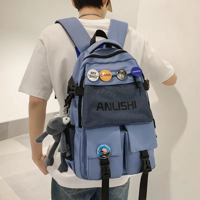 Single Warehouse Nylon Backpack Unisex Black/White/Blue/Gray-9