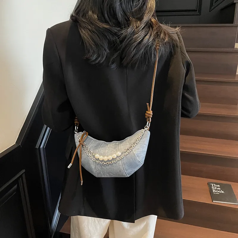 Single Warehouse PU Handheld Shoulder Bag Regular Women's Denim Blue/Dark Tea/Ecru-1