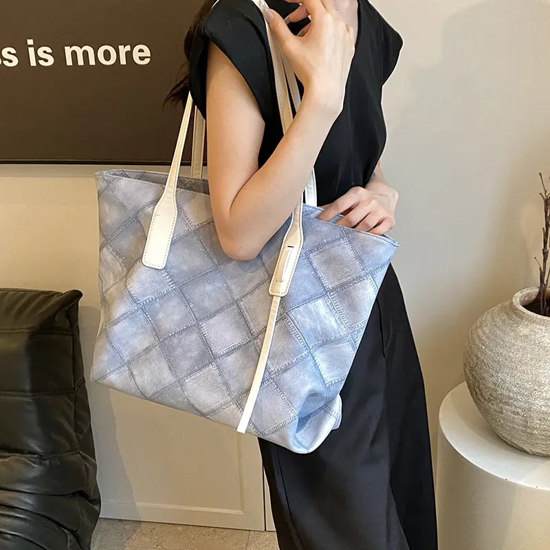 Single Warehouse PU Tote Bag, Shopping Bag, Shoulder Bag Women's Black/Light Blue/Pink/Dark Blue-9