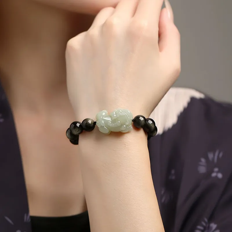 HAPPY BEAN Hetian Jade Bracelets Pale Greenish White Jade Unisex-2