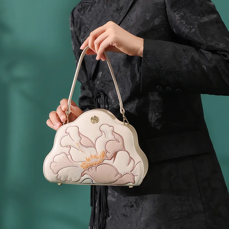 Ancient Yi Xi Cow Leather Embroidery Cheongsam Crossbody Bag Women's Pearl Gray-4