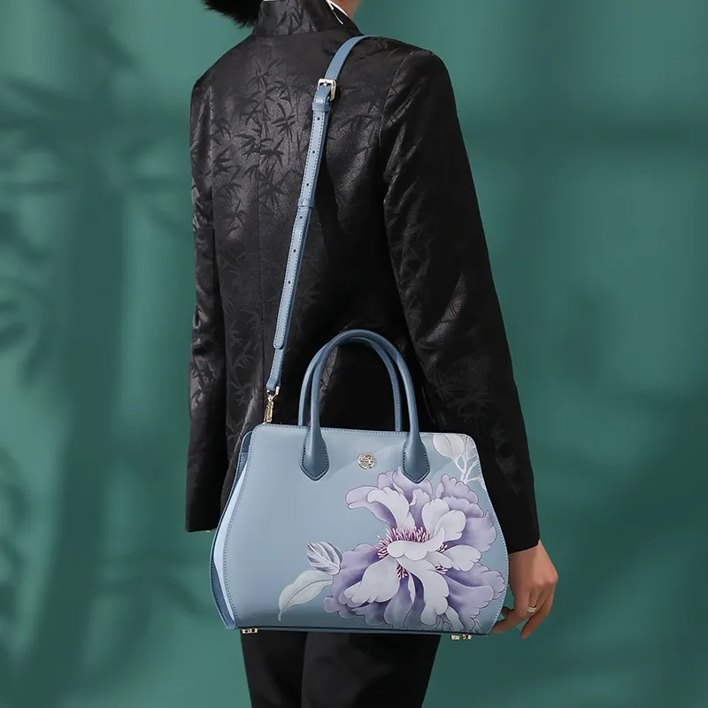 Ancient Yi Xi Cow Leather Niche Elegance One Shoulder Mom Bag Cheongsam Crossbody Handbag Women's Sunny Mountain Blue-6