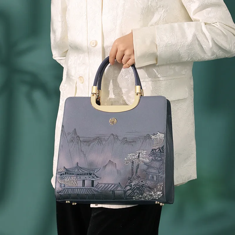 Ancient Yi Xi Cow Leather Cheongsam Shoulder Bag Crossbody Bag Handbag Women's Dark Blue-6