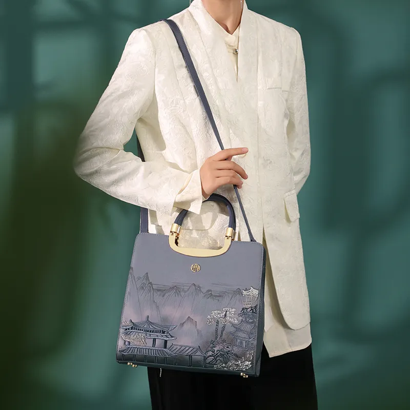 Ancient Yi Xi Cow Leather Cheongsam Shoulder Bag Crossbody Bag Handbag Women's Dark Blue-4