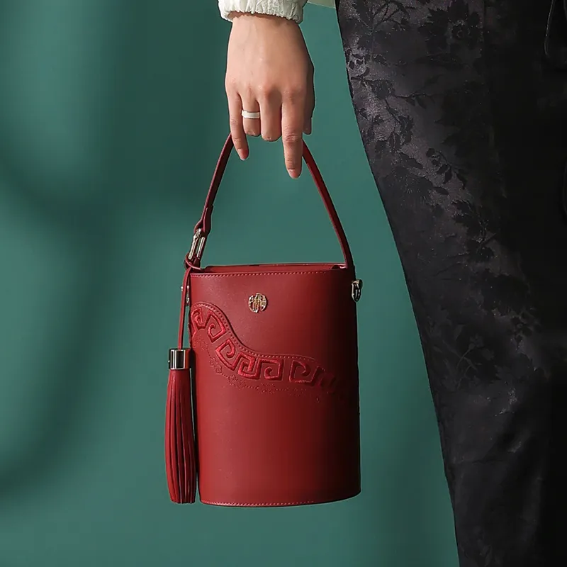 Ancient Yi Xi Cow Leather Bucket Bag, Crossbody Bag, Handbag Women's Vintage Red-4