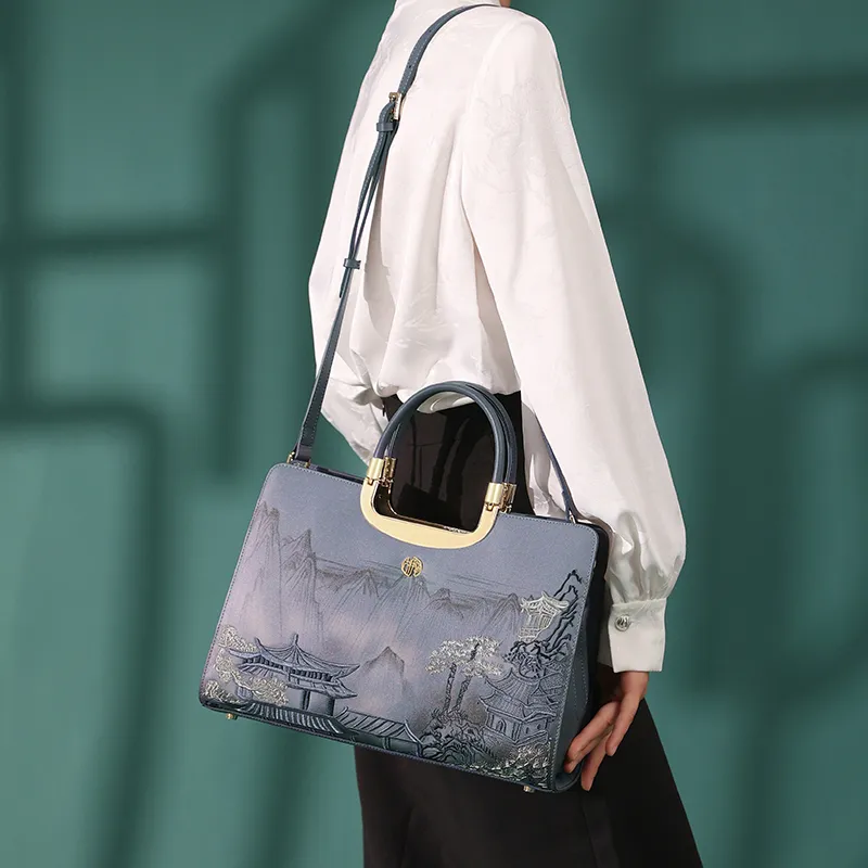 Ancient Yi Xi Cow Leather Commute Shoulder Bag, Crossbody Bag, Handbag Women's Dark Blue-4