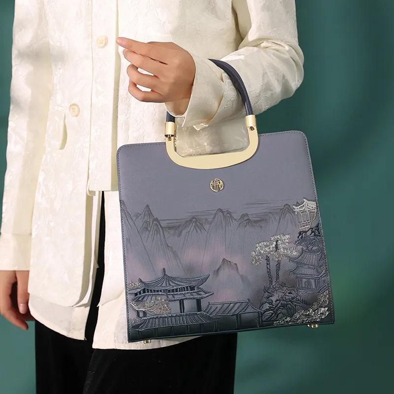 Ancient Yi Xi Cow Leather Cheongsam Shoulder Bag Crossbody Bag Handbag Women's Dark Blue-5