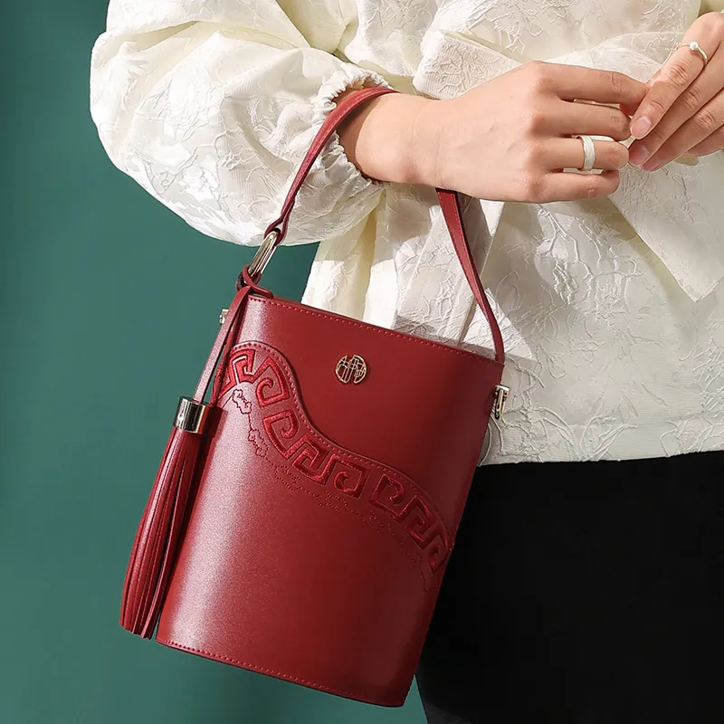 Ancient Yi Xi Cow Leather Bucket Bag, Crossbody Bag, Handbag Women's Vintage Red-5