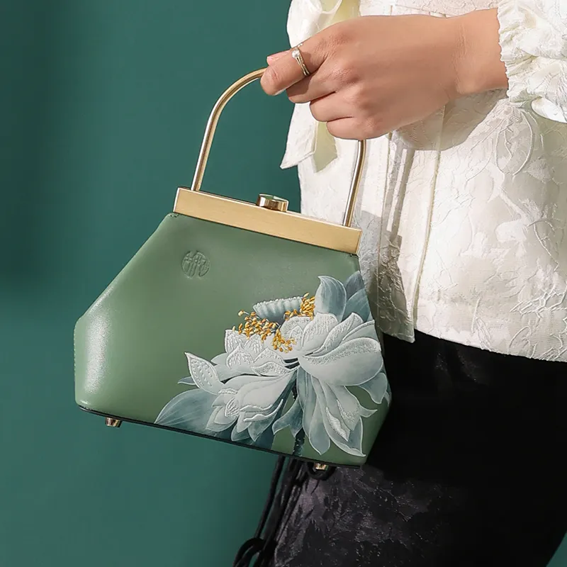 Ancient Yi Xi Cow Leather Cheongsam Coin Purse Handbag Women's Celadon Green-5