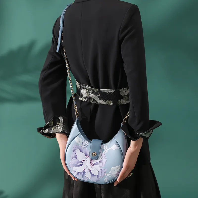 Ancient Yi Xi Cow Leather Vintage Cheongsam Shoulder Bag Women's Sunny Mountain Blue-5