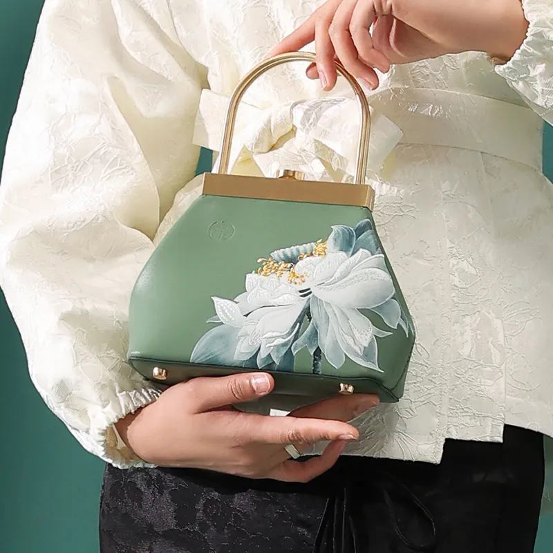 Ancient Yi Xi Cow Leather Cheongsam Coin Purse Handbag Women's Celadon Green-7