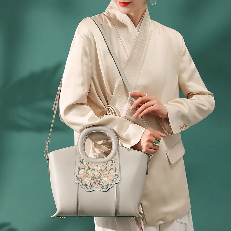 Ancient Yi Xi Cow Leather Cheongsam Elegant Mom Handbag Crossbody Bag Women's Jade Hairpin Asphalt Gray-4