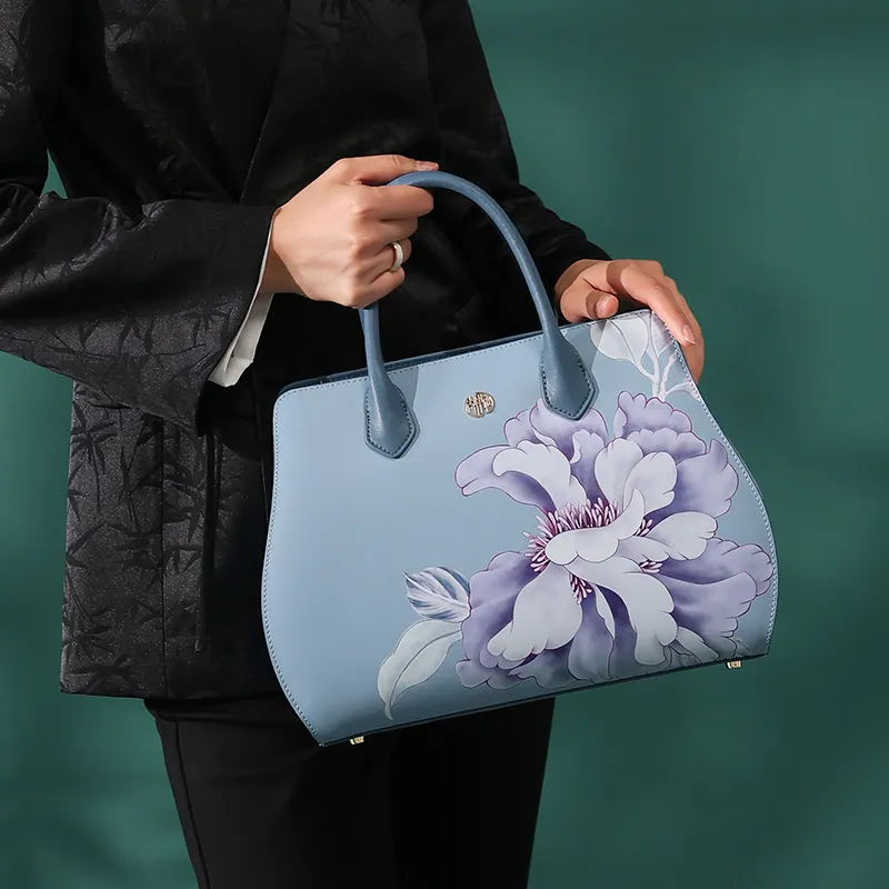 Ancient Yi Xi Cow Leather Niche Elegance One Shoulder Mom Bag Cheongsam Crossbody Handbag Women's Sunny Mountain Blue-4
