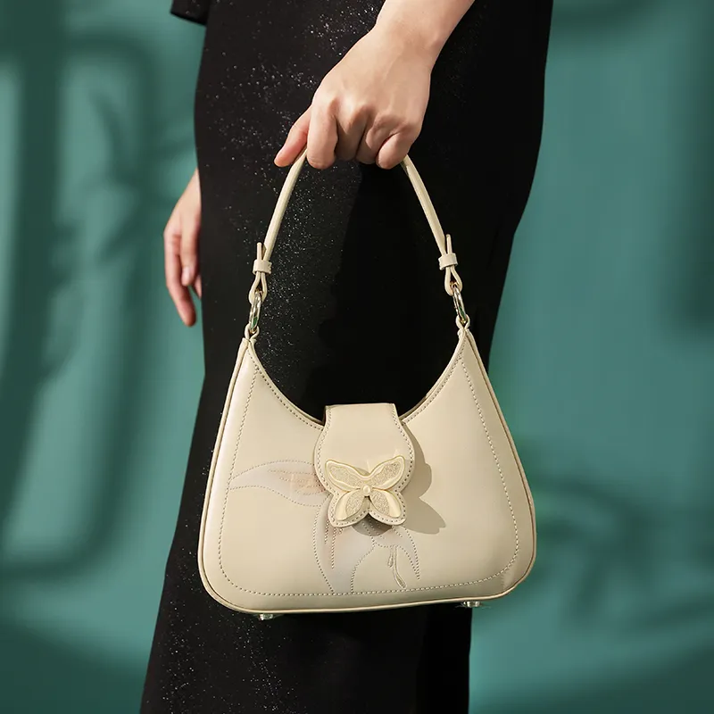 Ancient Yi Xi Cow Leather Premium Underarm Shoulder Bag, Mom Bag, Crossbody Handbag Medium Size Women's Apricot White-4