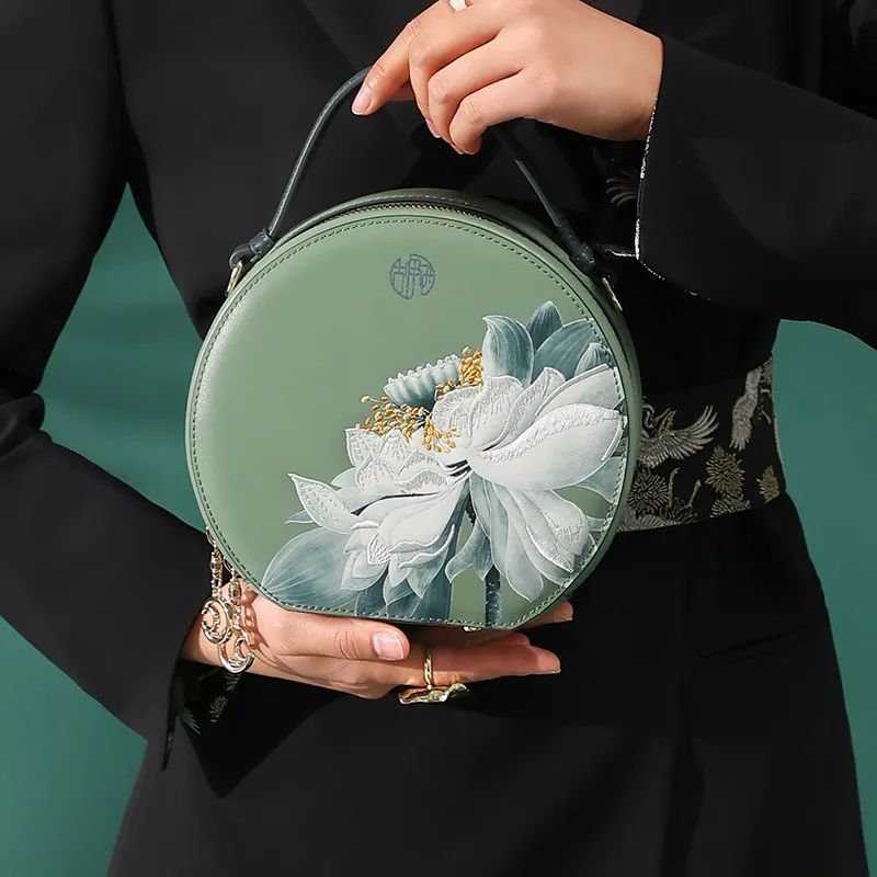 Ancient Yi Xi Cow Leather Cheongsam Hanfu Shoulder Bag, Crossbody Bag, Handbag Women's Celadon-5