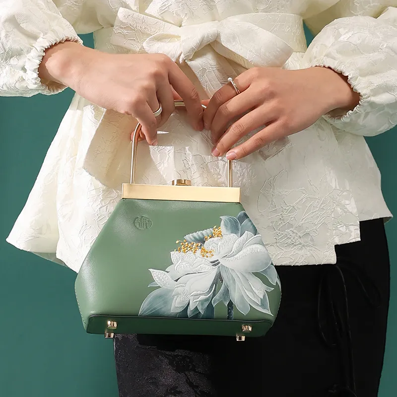 Ancient Yi Xi Cow Leather Cheongsam Coin Purse Handbag Women's Celadon Green-6
