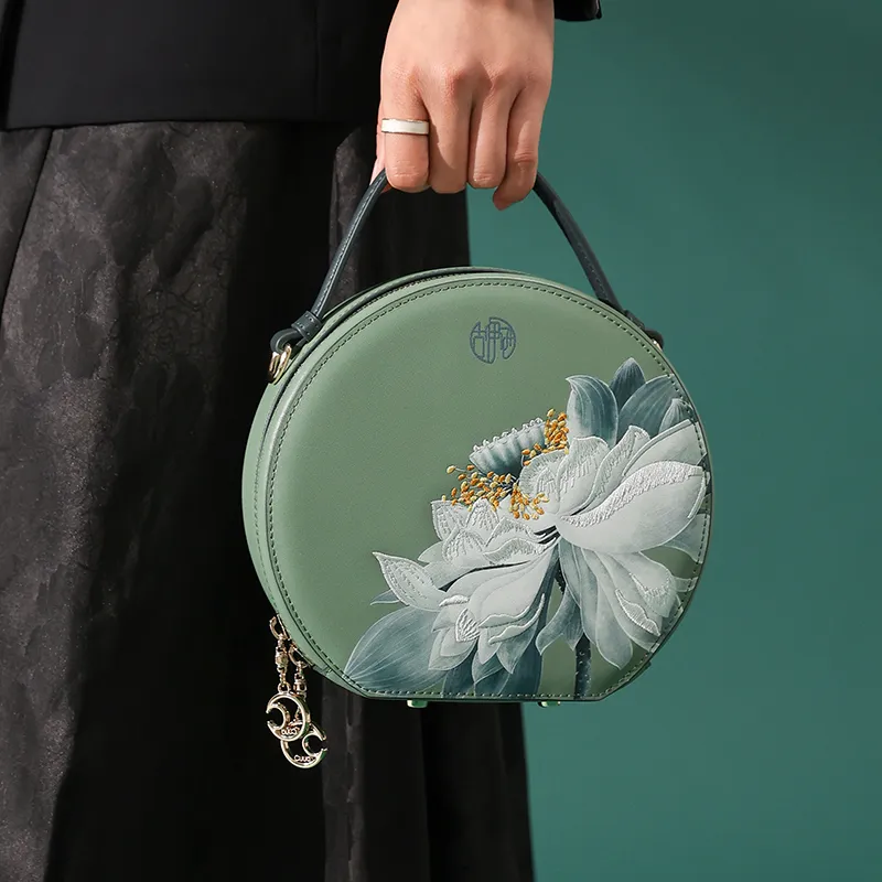 Ancient Yi Xi Cow Leather Cheongsam Hanfu Shoulder Bag, Crossbody Bag, Handbag Women's Celadon-4