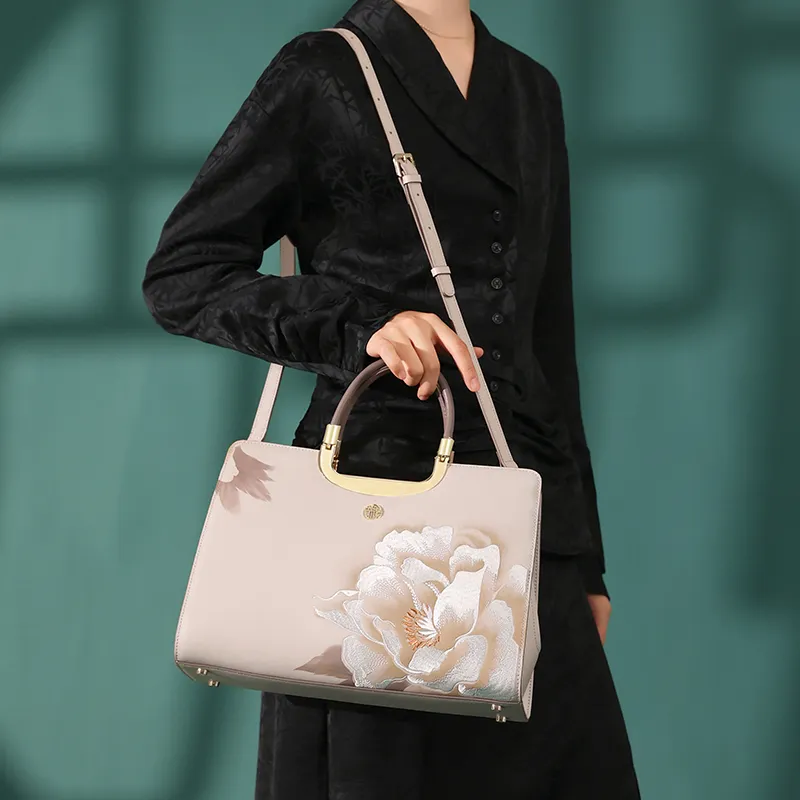 Ancient Yi Xi Cow Leather New Chinese Style Advanced Business Commute Handbag Crossbody Bag Women's Orchid Red-4