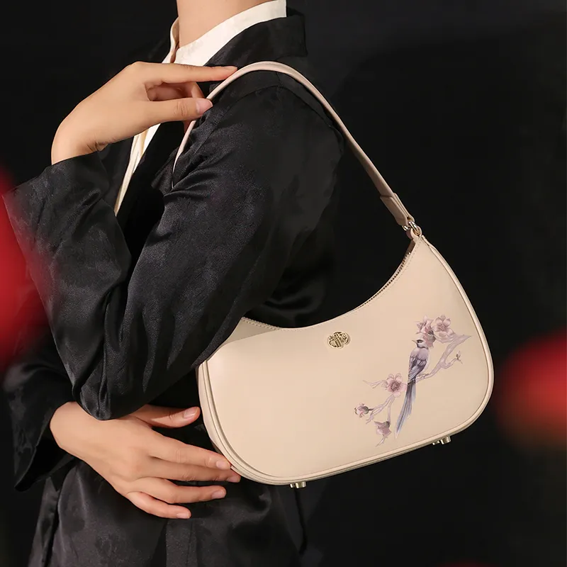 Ancient Yi Xi Cow Leather Chinese Fashion Trend Minimalist Style Shoulder Bag Women's Light Cherry Blossom Pink-5