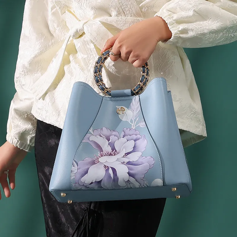Ancient Yi Xi Cow Leather Elegant Mom Commute Crossbody One Shoulder Handbag Women's Sunny Mountain Blue-4