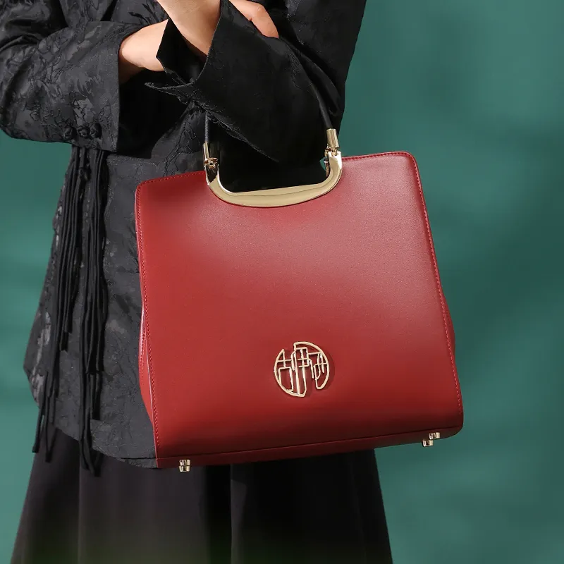 Ancient Yi Xi Cow Leather Handbag, One Shoulder Mom Bag, Crossbody Bag Tubas Women's Red Door Opening-4
