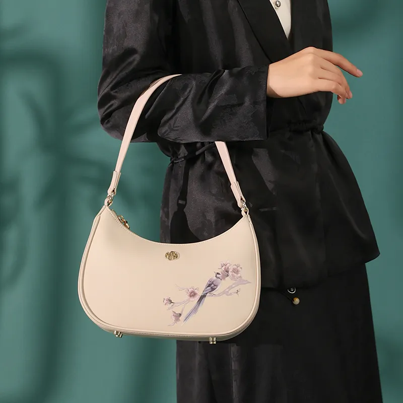 Ancient Yi Xi Cow Leather Chinese Fashion Trend Minimalist Style Shoulder Bag Women's Light Cherry Blossom Pink-4