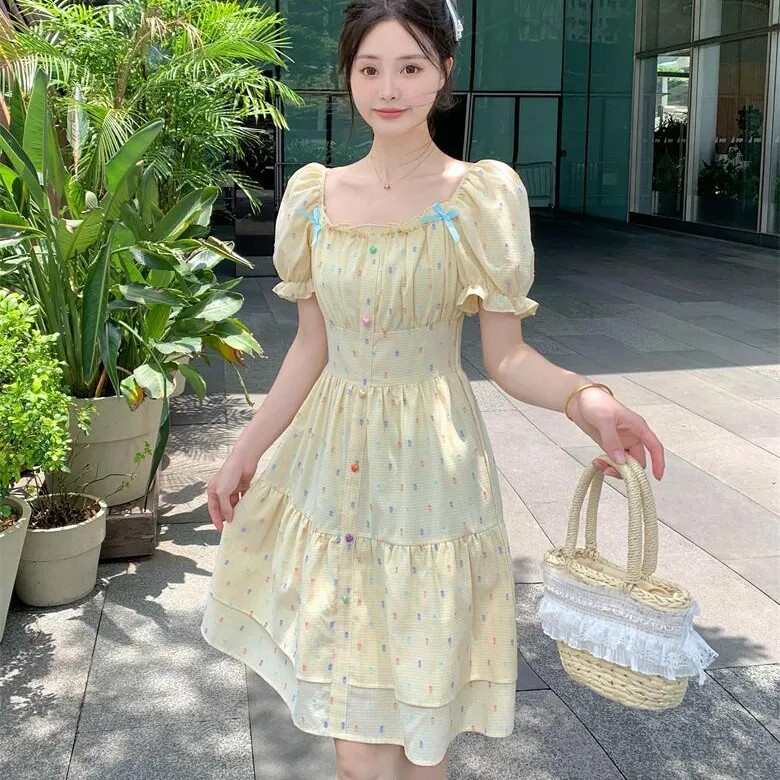 Zukizuki Short Sleeved Dress Women's Yellow-3