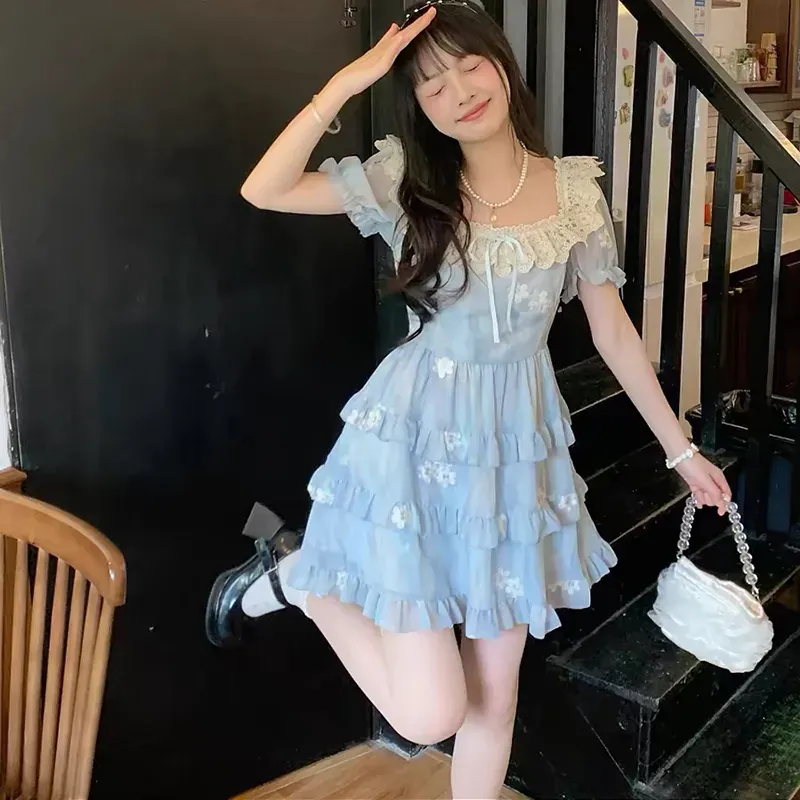 Zukizuki Short Sleeved Dress Women's Blue-2