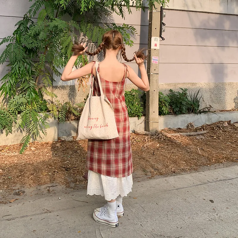 Zukizuki Slip Dresses Women's Red Plaid Pattern-3
