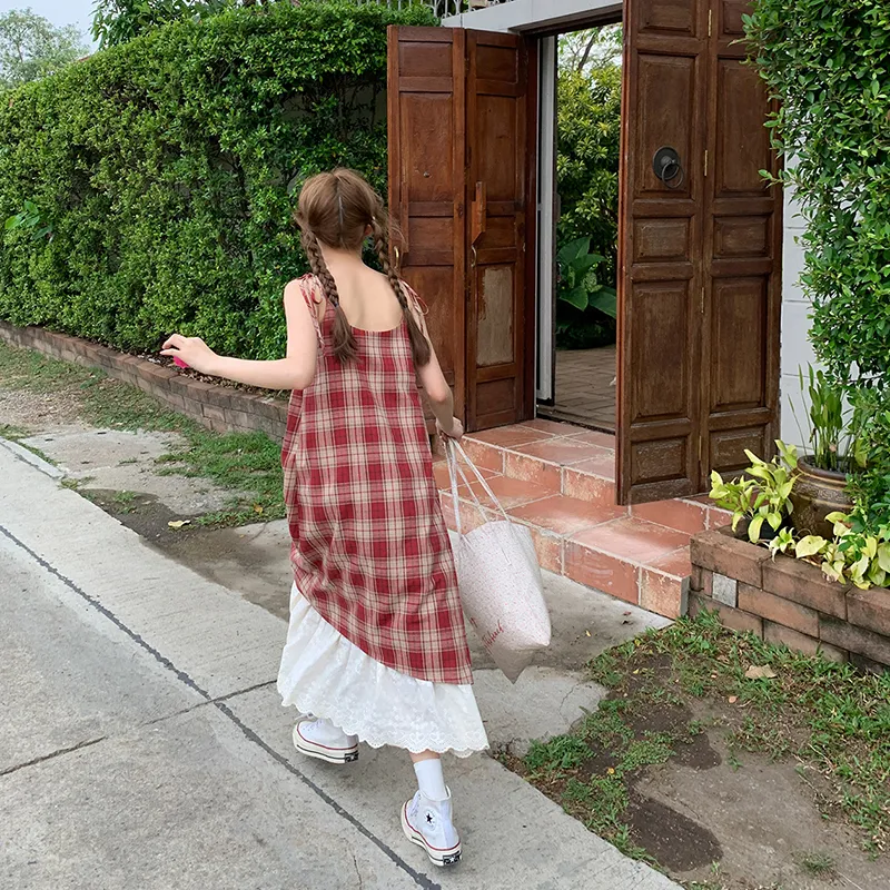 Zukizuki Slip Dresses Women's Red Plaid Pattern-2