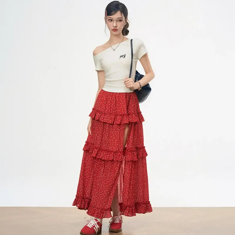 ZUKIZUKI Two Piece Skirt Sets Women's White Red Clothing Sets-3