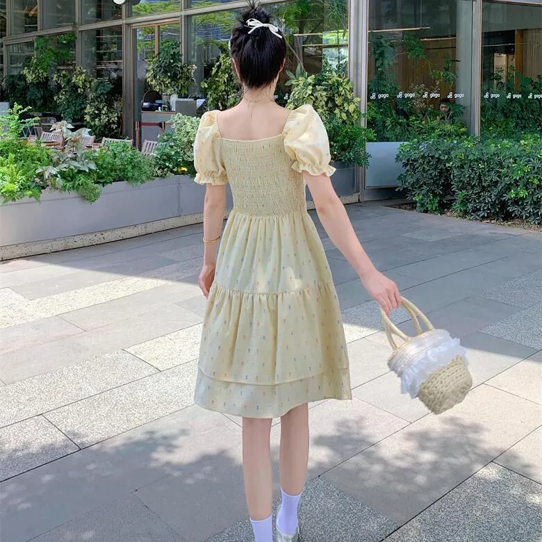 Zukizuki Short Sleeved Dress Women's Yellow-4