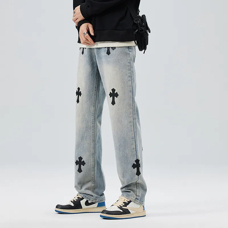 OKPI Jeans Unisex Cross Pattern ★ Vintage Blue ★-3