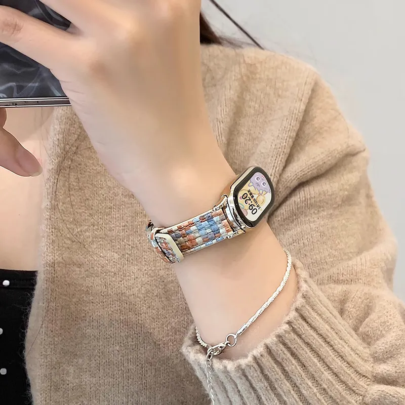 FZRT Xiaomi Compatibility Watch Band Fall Winter Premium Woven Leather Strap Artificial Leather Material-4