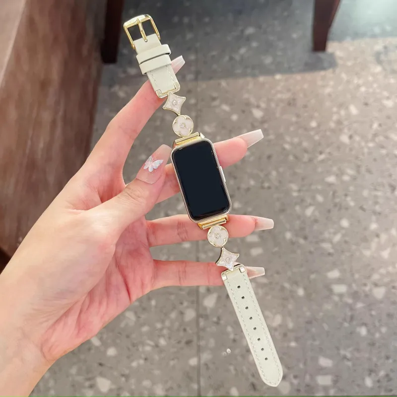 FZRT Huawei Compatibility Watch Band Niche Premium Four Leaf Clover Chain Strap Artificial Leather Material-2