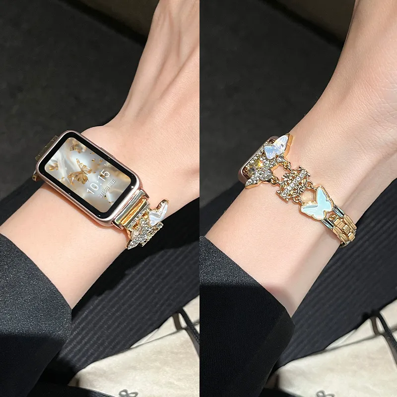 FZRT Xiaomi Compatibility Watch Band Rhinestone Embellished Butterfly Metal Steel Band Quick Release Strap Metal-2