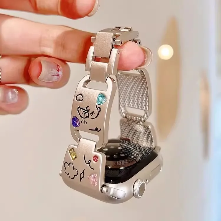 FZRT Watch Bands Dopamine Dressing Colored Rhinestone Print Puppy Metal Steel Band Unisex-3
