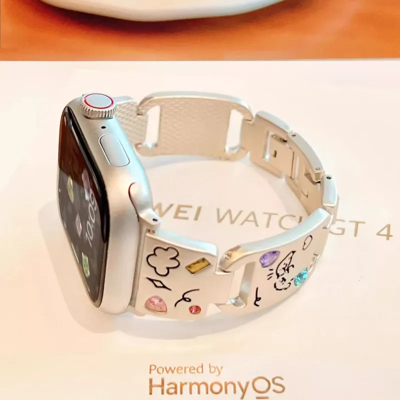 FZRT Watch Bands Dopamine Dressing Colored Rhinestone Print Puppy Metal Steel Band Unisex-2