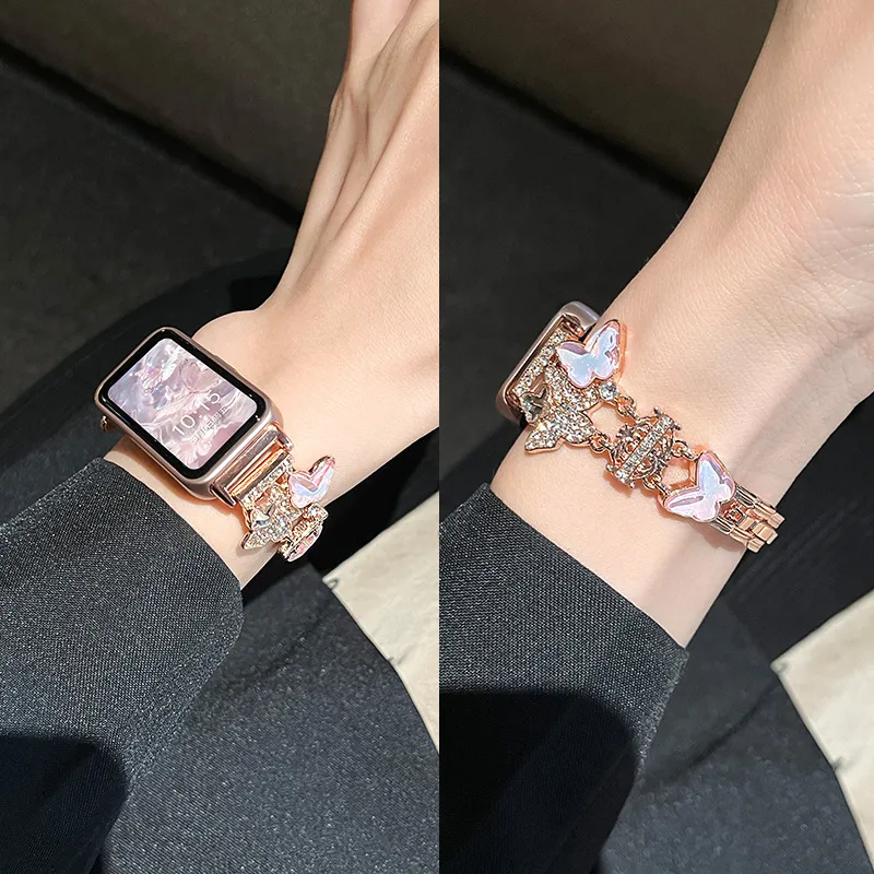FZRT Xiaomi Compatibility Watch Band Rhinestone Embellished Butterfly Metal Steel Band Quick Release Strap Metal-4