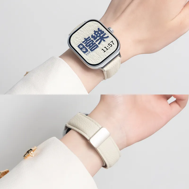 FZRT Xiaomi Compatibility Watch Band Leather Litchi Grain Magnetic Clasp Quick Release Strap Genuine Leather Material-1