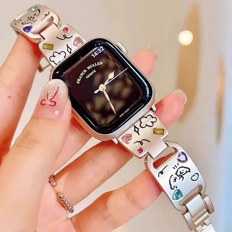 FZRT Watch Bands Dopamine Dressing Colored Rhinestone Print Puppy Metal Steel Band Unisex-1