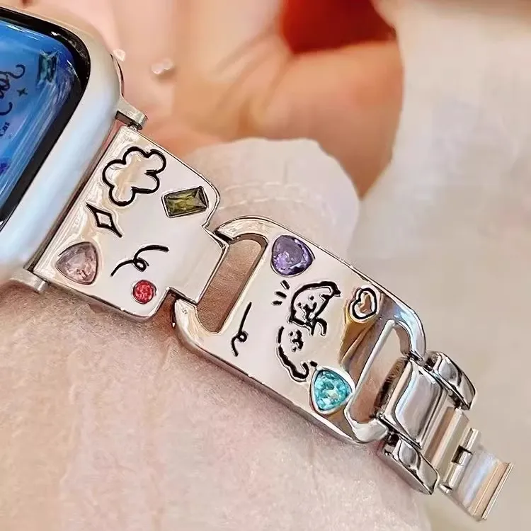 FZRT Watch Bands Dopamine Dressing Colored Rhinestone Print Puppy Metal Steel Band Unisex-4