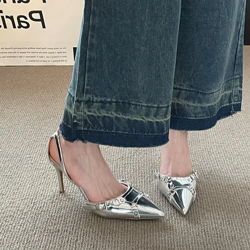NTOZE Slim Heel High Heels Women's Silver-8