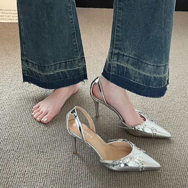 NTOZE Slim Heel High Heels Women's Silver-6